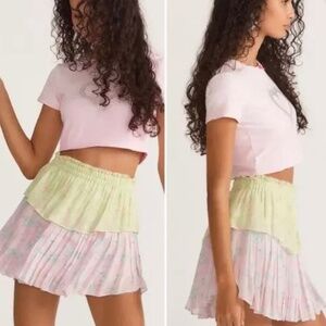 LOVE SHACK FANCY RUFFLE SKIRT, XS, PINK & GREEN FLORAL